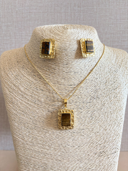 Veerika tiger's eye 18K Gold-Plated Brass Chain Pendant Set