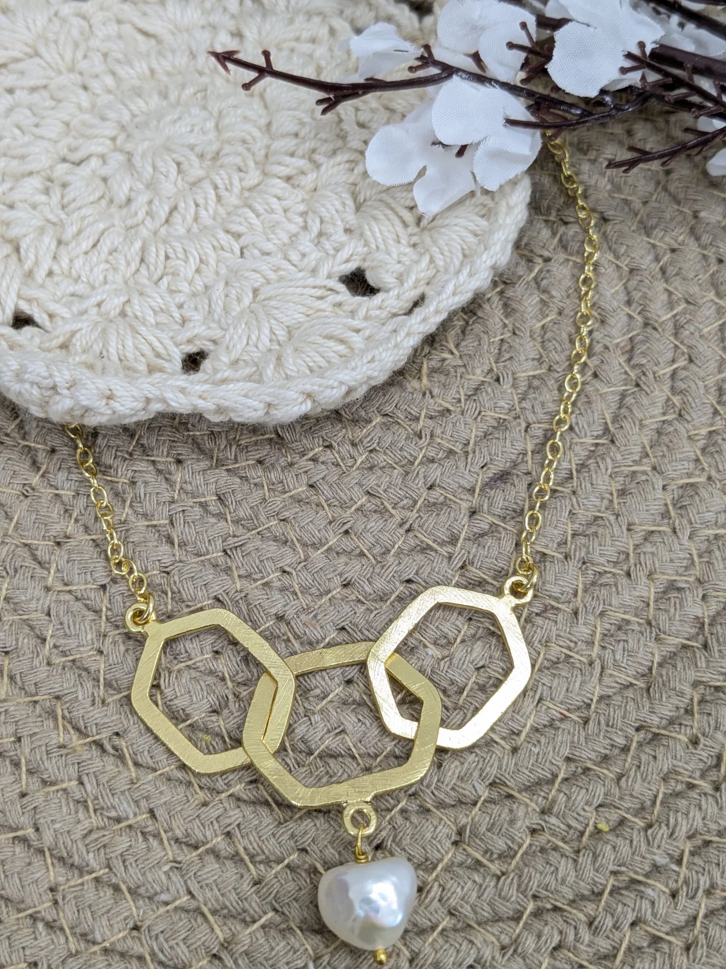Brass Honeycomb pearl necklace
