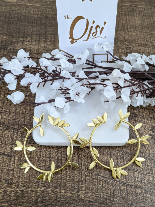 Brass gold plated Laurel Hoop shaped Stud Earrings