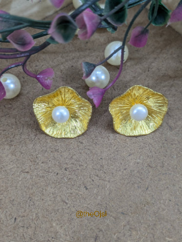 Golden Pearl Bloom brass stud earrings
