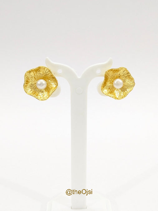 Golden Pearl Bloom brass stud earrings