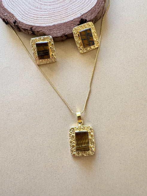 Veerika tiger's eye 18K Gold-Plated Brass Chain Pendant Set