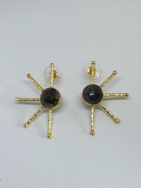 Gold sunburst earrings with central gemstones on a light gray background