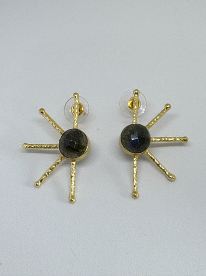 Gold sunburst earrings with central gemstones on a light gray background