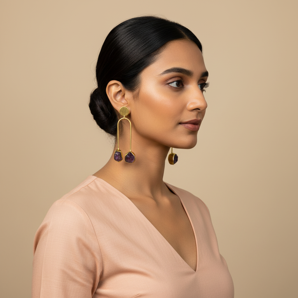 Woman wearing gold earrings with purple stones against a beige background