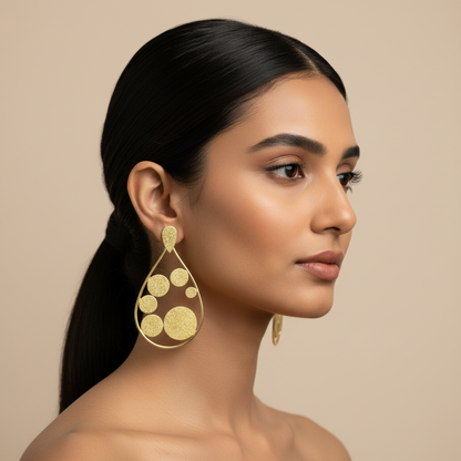 A woman in profile wearing a large gold teardrop earring with textured circular cutouts, against a warm beige background.