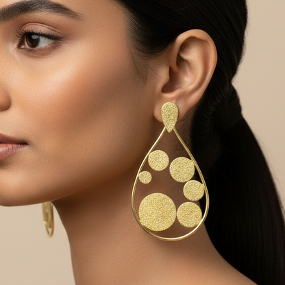 A woman in profile wearing a pair of large gold teardrop dangle earrings with textured circular cutouts, set against a solid beige background.